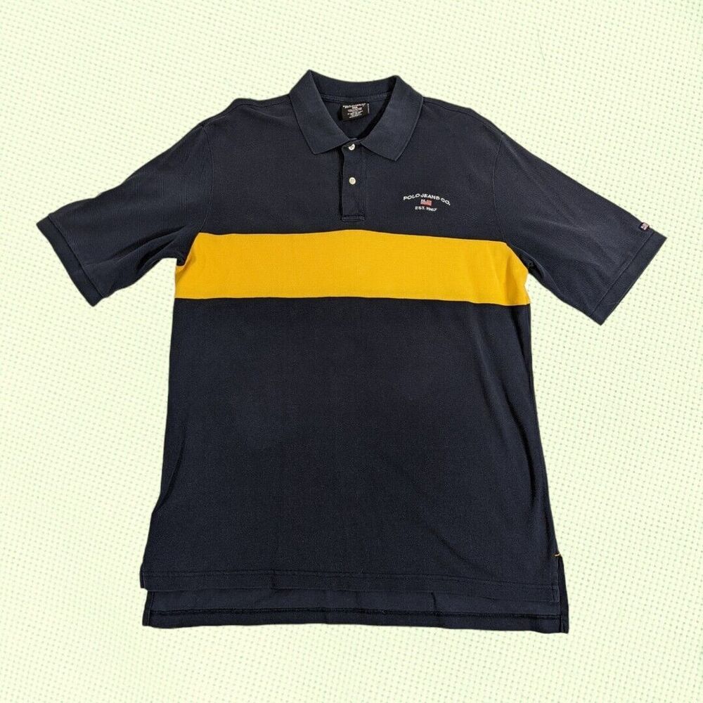 Ralph‎ Lauren Polo Jeans Co. Men's Polo Shirt Striped Short Sleeve Blue Yellow L